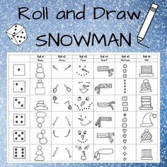 the roll and draw snowman game is shown on a blue background with white snowflakes