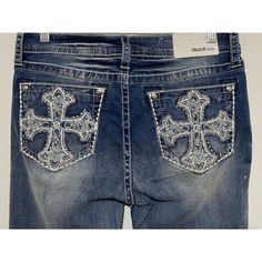 Jeans With Pocket Design, Embroided Jeans, Crosses Designs, Y2k Dark Wash Jeans With Five Pockets, Y2k Jeans Back Pocket, Embroidered Back Pocket Jeans, Y2k Denim Jeans With Pockets, Bedazzled Jean Pockets, Grace In La Jeans