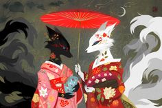 two cats dressed in geisha garb and holding an umbrella