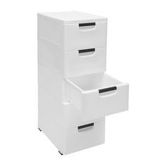 three white drawers stacked on each other with one drawer open to reveal the bottom compartment