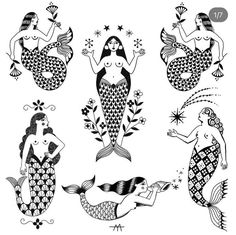 four mermaids with different designs on their body, one is holding a starfish