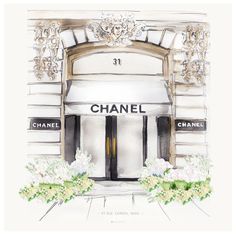 a drawing of the entrance to a chanel store with flowers and chandeliers