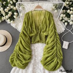 Olivia Mark - Chic Blouse with Ruffled Hem and Sleeves Blouse Dress Pattern, Shirt Folding, Chiffon Blouses, How To Fold Sleeves, Chiffon Shorts, Short Blouses, Ruffles Fashion, Chic Blouses, Puff Long Sleeves