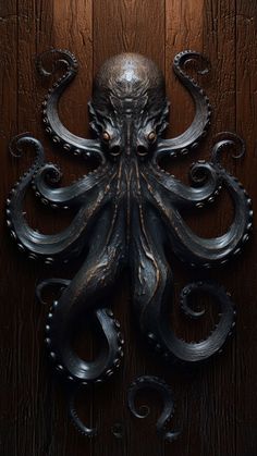 an intricately carved metal octopus head on a wooden door with dark wood paneling