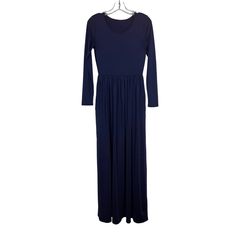 Elevate Your Vintage Fashion Game With This Casual Maxi Dress In Navy Blue. Crafted With A Round Neckline, Long Sleeves, And A Gathered Waist, This Dress Combines Comfort And Style Seamlessly. Classic Elegance: The Round Neckline And Long Sleeves Add A Touch Of Sophistication To This Vintage Piece, Making It Suitable For Various Occasions. Gathered Waist: The Dress Features Gathered Waist Pleating, Creating A Flattering Silhouette That Emphasizes Your Curves. Stretchy Comfort: Designed For A Comfortable Fit, The Stretchy Fabric Allows Ease Of Movement While Maintaining Its Shape. Functional Pockets: The Inclusion Of Pockets Adds A Practical Touch, Perfect For Carrying Your Essentials. T Elegant Long Sleeve Maxi Dress In Blue, Elegant Blue Maxi Length Long Sleeve Dress, Elegant Blue Maxi Long Sleeve Dress, Elegant Blue Long Sleeve Maxi Dress, Stretch Long Sleeve Maxi Dress For Work, Blue Long Sleeve Maxi Dress For Fall, Long Sleeve Maxi Dress For Daywear, Fitted Blue Maxi Dress With Long Sleeves, Modest Long Sleeve Blue Maxi Dress