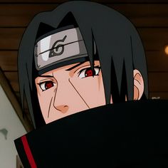 an anime character with red eyes and black hair