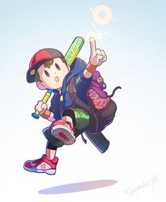 a drawing of a boy with a baseball bat in his hand and backpack on his back