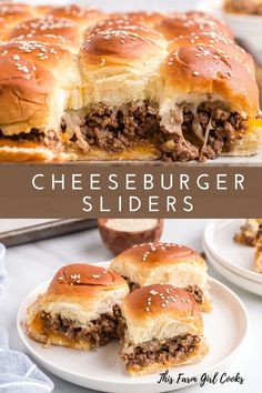 the cheeseburger sliders are cut in half and stacked on top of each other