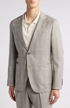 Turkish wool woven in a pale glen plaid distinguishes a suit that's styled with traditional detailing from the notched lapels to the pleated trousers and designed to keep you comfortable at any warm-weather occasion. Jacket has notched lapels; five-button cuffs; chest pocket; patch pockets; side vents Trousers have zip fly with hook-and-bar closure; pleats; slant pockets; back besom pockets Jacket is partially lined 100% virgin wool Dry clean Made in Turkey Glen Plaid, Pleated Trousers, Pocket Jacket, Wool Suit, Grey Green, Wool Plaid, Warm Weather, Chest Pocket, Nordstrom