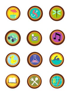 nine different types of buttons with icons in the middle one has an image of people and animals on it