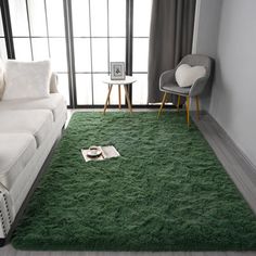 a living room filled with furniture and a green rug