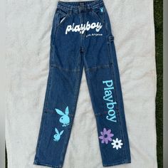 Playboy Denim Jeans With Designs They Are Basically Brand New I Only Wore Them Once & They Are Still In Excellent Condition Size 23 High Waisted Straight Leg Trendy Medium Wash Jeans With Graphic Print, Blue Jeans With Letter Print For Streetwear, Blue Graphic Print Y2k Bottoms, Y2k Blue Bottoms With Graphic Print, Y2k Blue Graphic Print Bottoms, Blue Y2k Graphic Print Bottoms, Blue Denim Bottoms With Letter Print, Medium Wash Denim Jeans With Letter Print, Blue Casual Jeans With Graphic Print