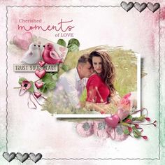 a couple is posing for a photo with flowers and hearts in the background that says, valentine's moments of love trust your heart