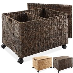 wicker storage bins with casteors and wheels are shown in three different colors