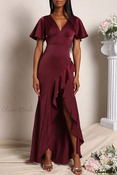 Olivia Mark - Flawless Elegance: Womens Red Solid Patchwork Flounce Asymmetrical V-Neck Evening Dress Burgundy Fitted V-neck Maxi Dress, Fitted V-neck Satin Maxi Dress, Fitted Satin Maxi Dress With V-neck, Solid Satin V-neck Maxi Dress, Solid Color Satin Maxi Dress With V-neck, Burgundy V-neck Maxi Dress For Night Out, Red V-neck Maxi Dress For Bridesmaid, Fitted Burgundy V-neck Dress, Fitted Burgundy Dress With V-neck