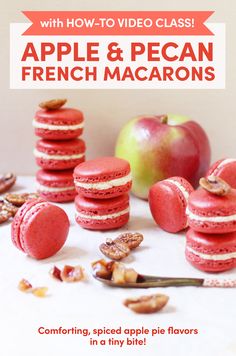 red macarons are stacked on top of each other with the words spiced apple & pecan french macaroons