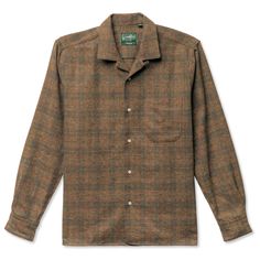 Gitman Vintage Brown Brushed Cotton Tweed Camp Shirt Classic Brown Shirt With Patch Pockets, Classic Brown Shirt With Camp Collar, Casual Button-up Tweed Jacket, Brown Camp Collar Shirt For Fall, Casual Brown Tweed Jacket With Lapel Collar, Casual Cotton Tweed Jacket With Pockets, Brown Shirt With Welt Pockets And Spread Collar, Casual Cotton Tweed Jacket, Casual Brown Tweed Jacket With Welt Pockets