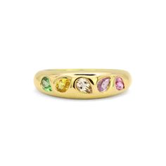 Add a pop of color to your jewelry collection with our Mosaic 18K Gemstone Gypsy Ring! This unique and playful ring features multi-colored pear cut gemstones set in a mosaic design on an 18K gold band. Perfect for stacking or making a statement on its own, this ring adds 0.97 ct of gemstone elegance to any outfit. Multi Gemstone Ring Gold, Multi Color Stone Ring, Mosaic Wedding Band, Fine Jewelry Multicolor Rings With Rose Cut Diamonds, Multicolor Rose Cut Diamond Rings, Yellow Gold Multi-stone Teardrop Rings, Gold Teardrop Multi-stone Ring, Unique Gemstone Rings, Mosaic Wedding