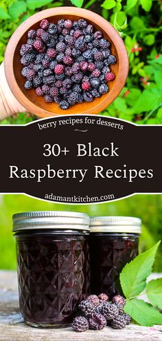 black raspberry preserves recipe in a wooden bowl and two jars filled with berries