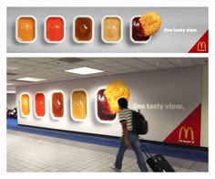 a man walking through an airport with food on his head and in front of a mcdonald's advertisement