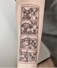 a person with a tattoo on their arm that has four pictures of dogs in it