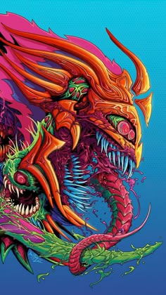 an artistic painting of a dragon with colorful hair and fangs on it's face