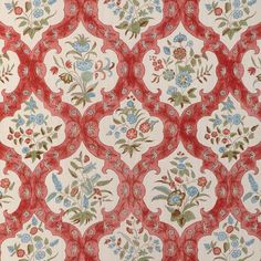 an old wallpaper with flowers and leaves on it's side, in red