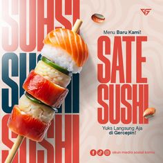 an advertisement for sushi restaurant with salmon and rice on skewers, surrounded by other food items