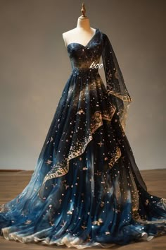 Fairytale Inspired Dress, Star Formal Dress, Prom Dresses Stars, Star Wedding Dresses, Star Inspired Dress, Fantasy Star Dress, Star Goddess Outfit, Gold And Blue Wedding Dress, Colorful Ball Gown