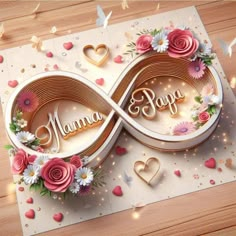 an artistic greeting card with the word mama and pop surrounded by pink roses, daisies and hearts