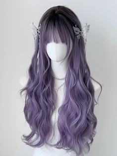 Transform your look with our enchanting Purple Ombre Wavy Synthetic Wig, designed to make a statement. Measuring approximately 70cm in length, this wig cascades in luxurious waves, offering a touch of elegance and whimsy. The captivating purple ombre effect adds a pop of vibrant color. Featuring stylish air bangs, this wig effortlessly frames your face, enhancing your features with a soft, natural look. Garment Size SizeFree SizeHair Length70 Purple Hair Designs, Soft Purple Hair, Wavy Purple Hair, Faded Purple Hair, Hair Color Ideas Purple, Purple Hair Styles, Purple Wigs, Pretty Hair Cuts, Pretty Wigs