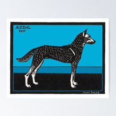 a black and blue dog standing in front of the ocean with an ado stamp on it