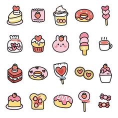 a bunch of different types of desserts and pastries on a white background illustration