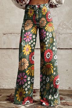 90s Fashion Plus Size, Flower Daisy, Casual Wide Leg Pants, Fall Fits, Denim Style, Daisy Print, Women Pants Casual, Outfit Casual, Party Fashion