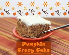 a piece of pumpkin crazy cake on a red plate with a fork in the middle