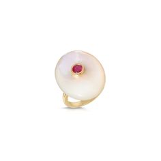 R Cabochon Mother of Pearl 20mm, Round Ruby 0.25ct, 3g of 14K (size 6) Contact us for sizing options. 14k Gold Dome Ring With Cabochon, Cabochon Yellow Gold Diamond Ring, Yellow Gold Cabochon Diamond Ring, Yellow Gold Round Cabochon Diamond Ring, Yellow Gold Diamond Ring With Cabochon, 14k Gold Cabochon Round Rings, 14k Gold Pearl Ring With Polished Finish, White Fine Jewelry Round Ruby Ring, Fine Jewelry Cabochon Signet Ring