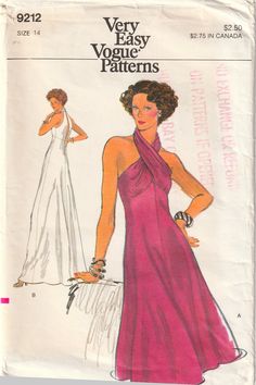 VERY EASY Halter Neck Dress Gown SZ 14 Vogue 9212 Size 14  BUST 36"  WAIST 28"  HIP 38" Sewing pattern pieces are cut and are all here.  Instructions here.  Envelope has shelf wear; ink stamp; yellowing; tape; missing flap; etc. Very Easy Sewing pattern to make: Halter Dress / Gown ~ below mid-knee length; evening / floor length; flared skirt; lined bodice; halter neckline criss crossed at front and attached to back bodice; slightly gathered under bust; back bodice slit to empire waistline; back Criss Cross Neckline Dress, Cross Neckline Dress, Criss Cross Halter Dress, Cross Halter Dress, Halter Neckline Dress, Dress 1900, Sewing Pattern Pieces, Halter Neck Dress, Empire Waistline