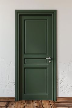 A stylish interior door painted in sage green, set against a white wall and wooden floor, showcasing one of the best sage green paint colors. Door Color For White Walls, White Walls Green Doors, Dark Green Closet Doors, Colored Inside Doors, Painted Pocket Doors, Olive Green Interior Doors, Green Doors And Trim, Interior Accent Door, Deco Paint Doors