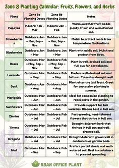 a table that has different types of flowers and herbs on it, with the words zone 8 planting calendar - fruits, flowers, and herbs