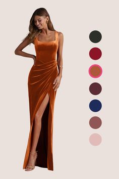 a woman wearing an orange velvet dress with slits on the side and color swatches