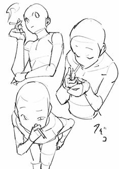 three sketches of people sitting down and one standing up with their hands on their hipss