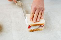 a person cutting a sandwich with a knife