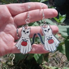 Spooky Cat Dressed As A Ghost Halloween Earrings Spooky White Earrings For Party, White Spooky Earrings For Party, Spooky White Earrings For Halloween, Fun White Halloween Earrings, Cute White Halloween Earrings, Cat Halloween Earrings, Quirky Halloween Earrings, Novelty Halloween Earrings, Halloween Novelty Drop Earrings Jewelry