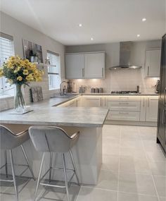 a kitchen with two bar stools and an island