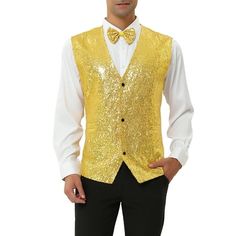 Sleeveless V-neck, full sequin design, makes you eye-catching in the crowd. The classic single-breasted party suit vest and slim tailoring perfectly show your charm. This sequined vest is matched with a bow tie, trousers, shirt, and blazer to create a bright and handsome appearance. Suitable for multiple occasions, father's day, nightclubs, performance costumes, birthday parties, hip-hop, music festivals, Christmas, Halloween, role-playing, disco parties, etc. Model Body Size: Height: 6'1", Ches Disco Parties, Motorcycle Leather Vest, Sequin Vest, Heated Clothing, Vest Suit, Mens Suit Vest, Sleeveless Coat, Heated Jacket, Biker Vest