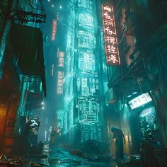 a futuristic city at night with neon lights