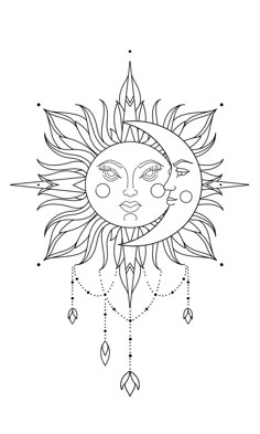 a drawing of the sun with two faces and stars on it's face, in black and white