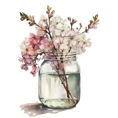 watercolor painting of flowers in a mason jar