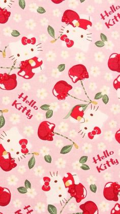 pink hello kitty fabric with red apples and flowers