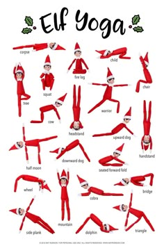 the elf yoga poses and their names are shown in this poster, which shows how to do